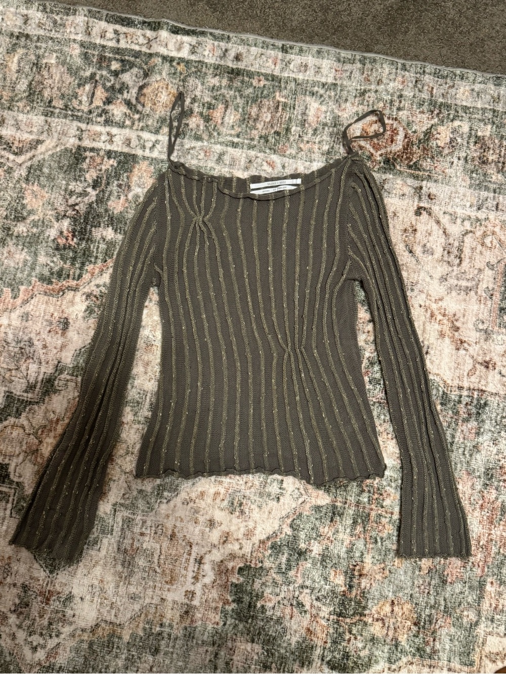 Silence + Noise | Ribbed Off-Shoulder Long Sleeve Sweater in Olive Green